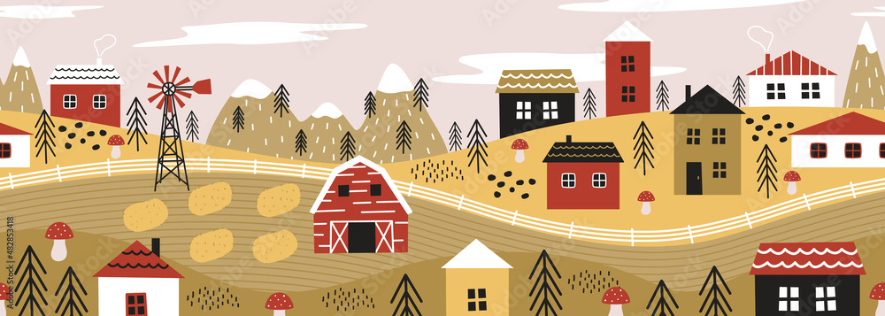 Naklejka premium Seamless vector banner with rural panoramic scene. Countryside village with farm, meadow, houses, mountains, windmill. Abstract background with scandinavian landscape