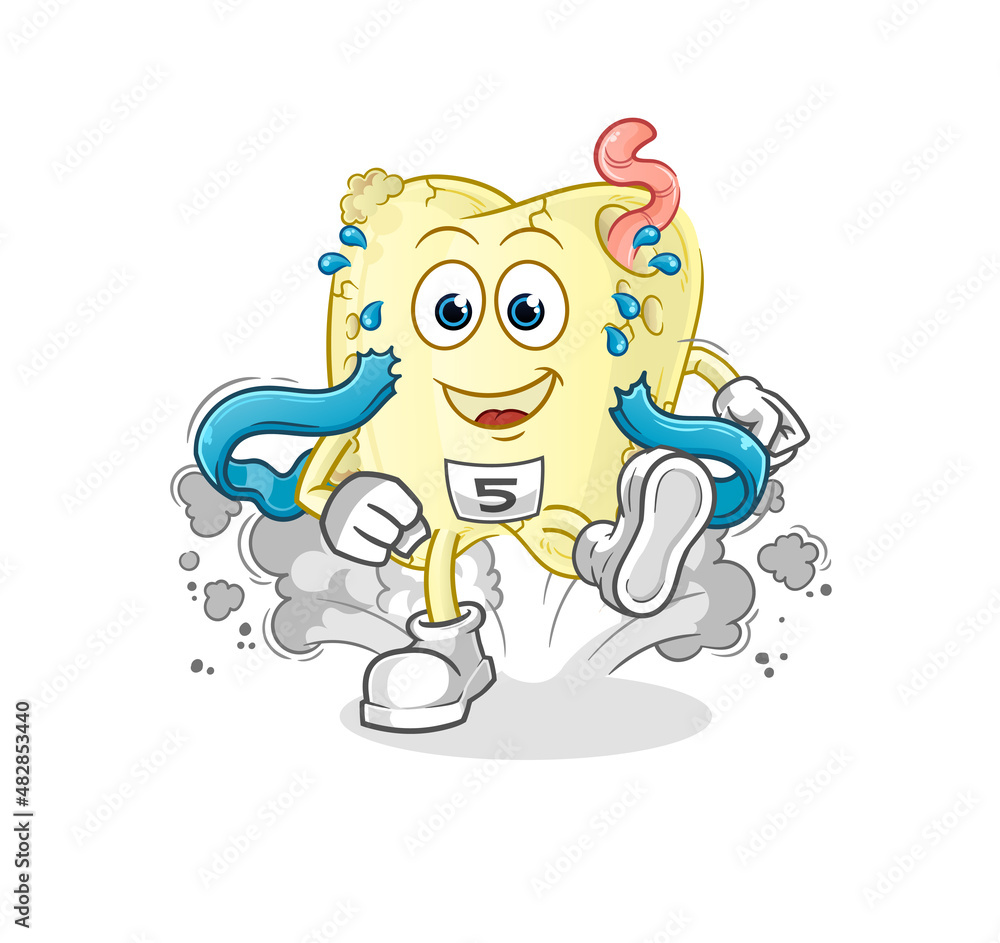 Naklejka premium tooth decay runner character. cartoon mascot vector