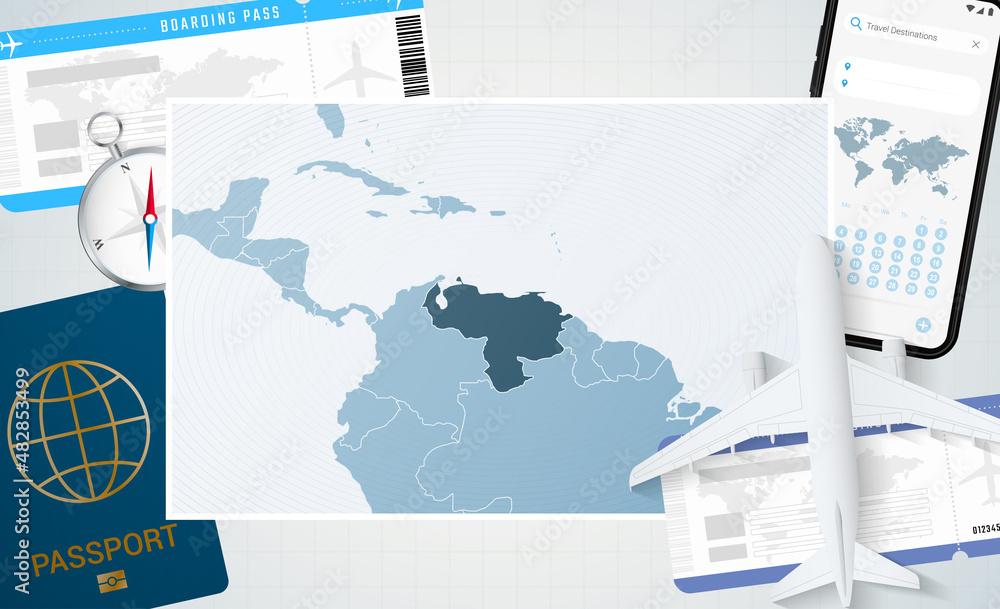 Journey to Venezuela, illustration with a map of Venezuela. Background