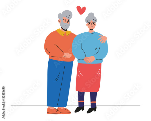 An elderly couple together. Grandma and Grandpa hug. Elderly lovers. Vector illustration