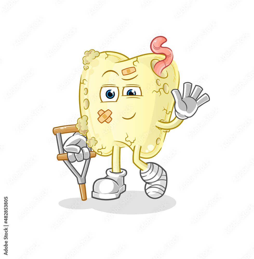 tooth decay sick with limping stick. cartoon mascot vector