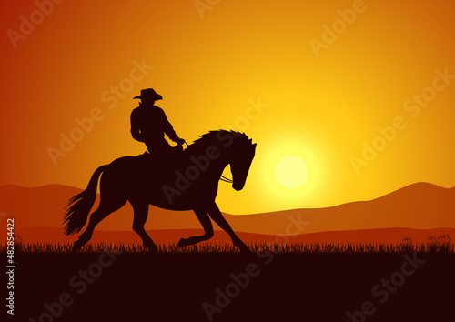 Silhouette of a cowboy on a horse against a natural landscape with the sun and mountains in the background. Vector illustration.