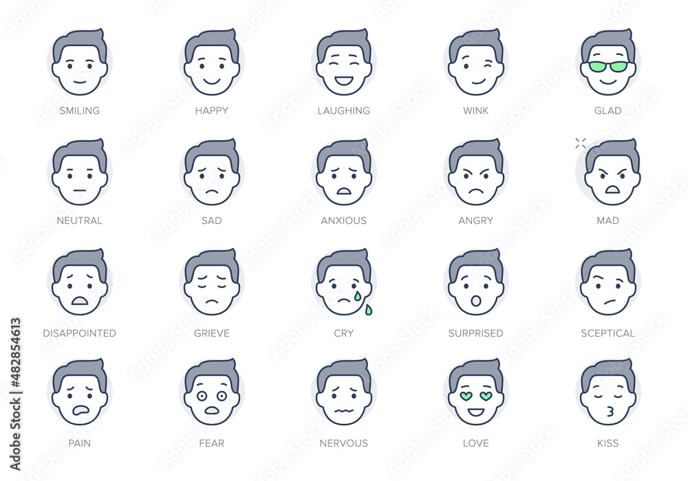 Emoticons line icons. Vector illustration include icon - mental health, worry, laugh, disappointed mood, confused, outline pictogram for man character expression. Green Color, Editable Stroke Emoticons line icons. Vector illustration include icon - mental health, worry, laugh, disappointed mood, confused, outline pictogram for man character expression. Green Color, Editable Stroke