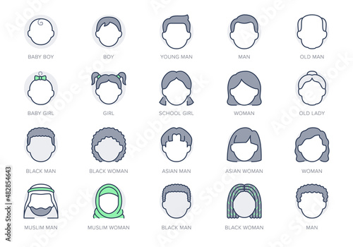 People avatar line icons. Vector illustration include icon - woman, baby, young person, grandfather, teenager, boy, toddler, adult outline pictogram for faces. Green Color, Editable Stroke