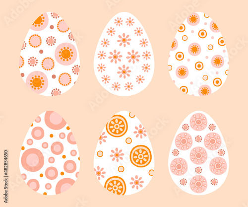 Set cute Easter eggs with abstract patterns in pastel colors. Illustration colorful Easter eggs in flat style. Vector