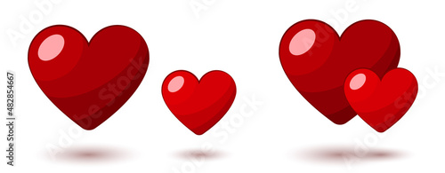 Set of four hand drawn red hearts with shadow, valentine. Isolated on white background. EPS 10 vector illustration