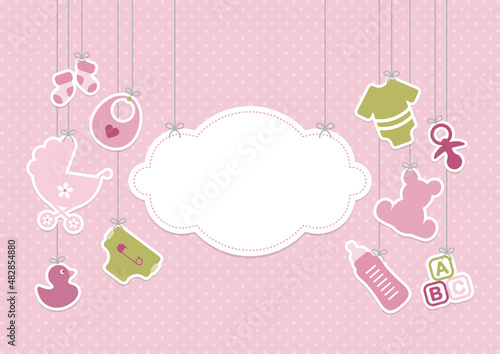 Karte Hängende Babysymbole Mädchen Mit Wolke Punkte Rosa Olivgrün