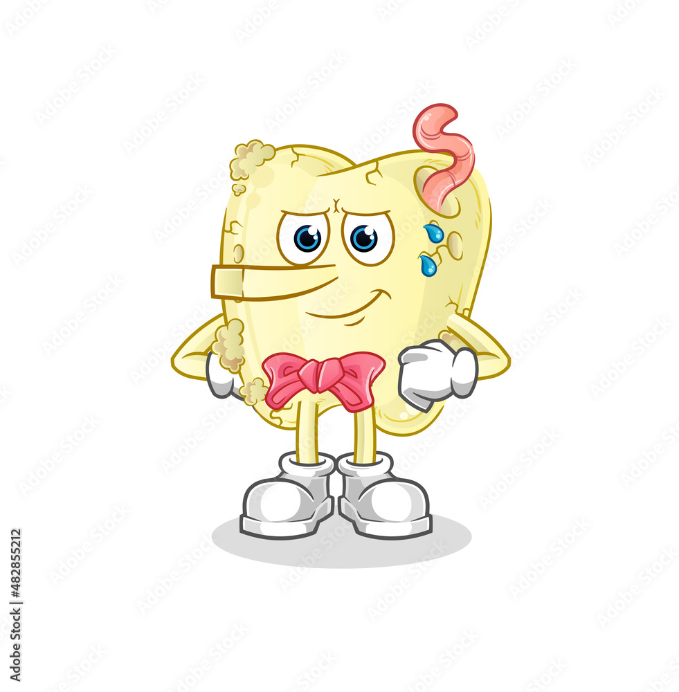 tooth decay lie like Pinocchio character. cartoon mascot vector