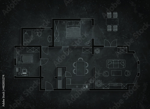 Floor plan of house, on blackboard background with shadows.