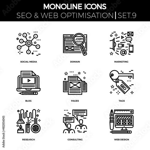 Line icons set with flat design of search engine optimization. Social media, domain, marketing, blog, pages, tags, research, consulting, web design. Monoline icons