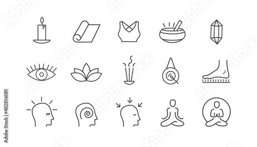 Yoga vector set. Outline icon collection for buddhist retreat, spiritual practice or Vipassana meditation. Sadhu board. Head with different mental state. 
