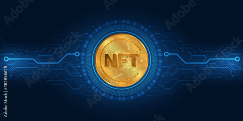 NFT nonfungible token gold coin.Blue technology background.Digital currency concept.