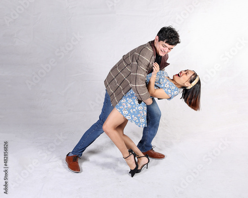 Young aisan man woman drama acting theatre student performing rehearsal expression pose dance