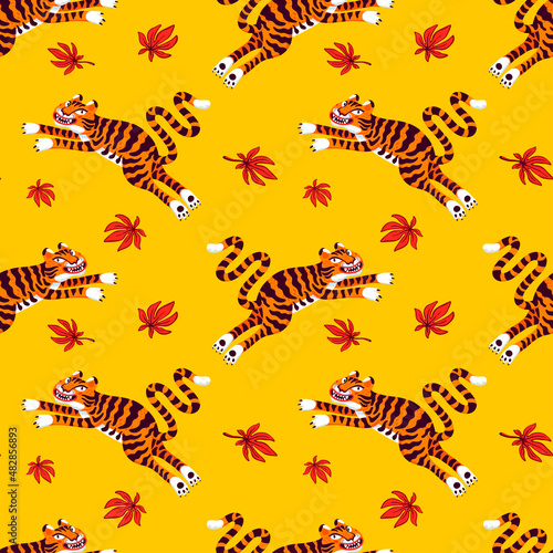 Tiger seamless pattern, vector animal print with cute tigers, and Japanese ma...