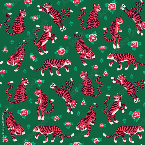 Tiger seamless pattern, vector animal print with cute tigers, and Chinese peo...