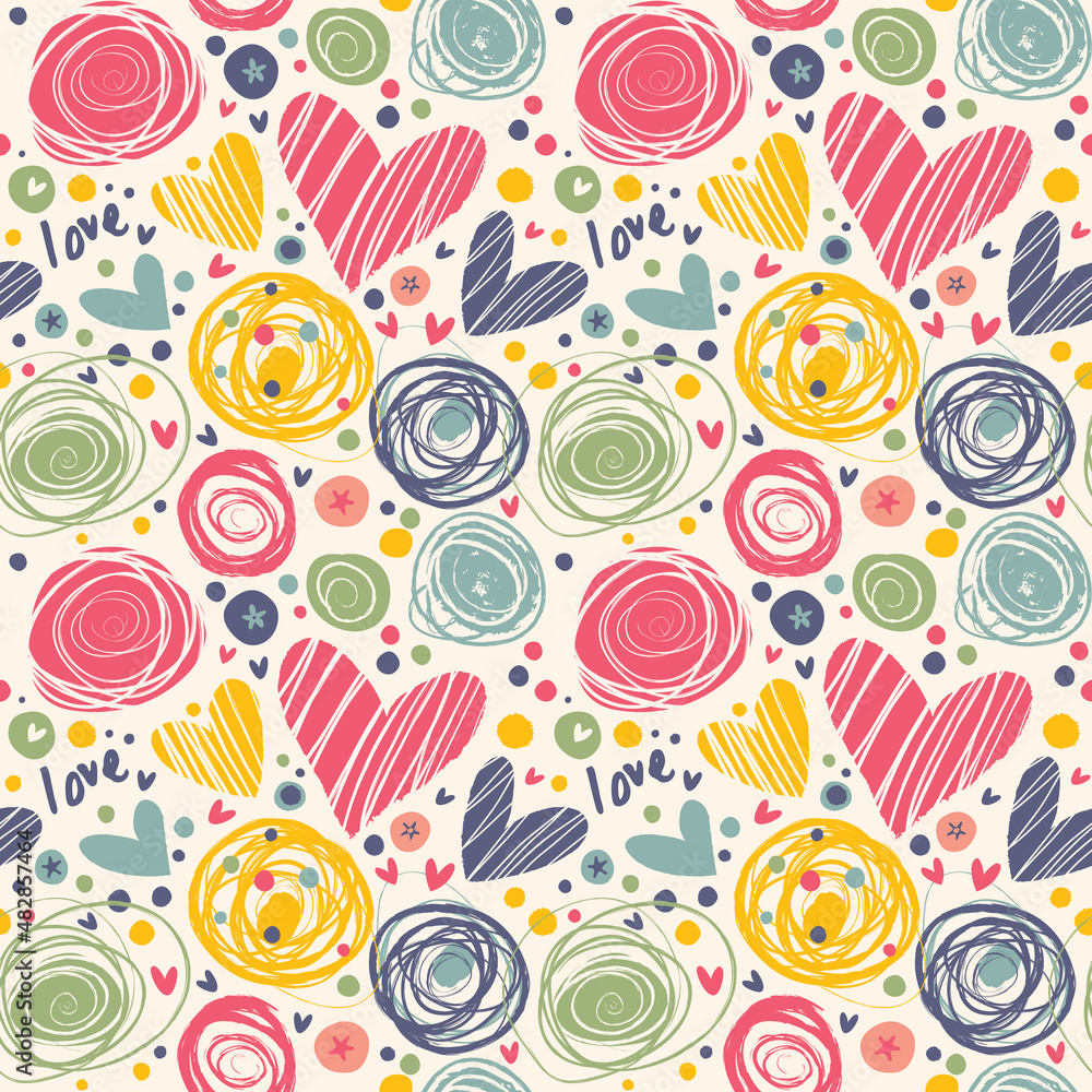 Romantic hearts. Seamless pattern with bright hearts.

