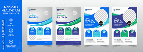 Modern medical corporate healthcare a4 flyer design or creative hospital business brochure cover template with Blue, Green Elements
