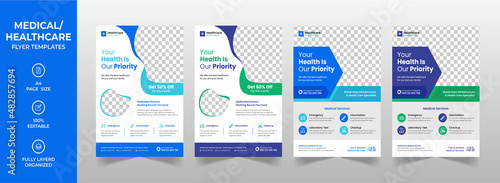 Modern medical corporate healthcare a4 flyer design or creative hospital business brochure cover template with Blue, Green Elements