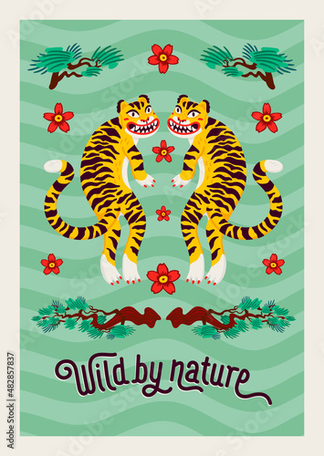 Asian Tiger symmetrical composition, vector tigers, and japanese pine branche...