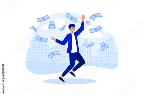 Flat young smiley businessman jumping under rain of money banknotes vector illustration. Business success concept.