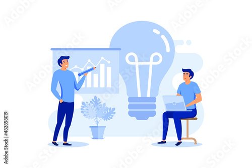 Light bulb and company staff working in office. Idea, planning, analysis concept, presentation slide template. Can be used for topics like business, management, marketing