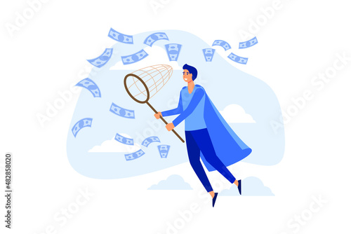 Businessman trying to catch flying money with a butterfly net. Happy running entrepreneur man using business opportunity to scoop some dollar bills. modern flat vector illustration 