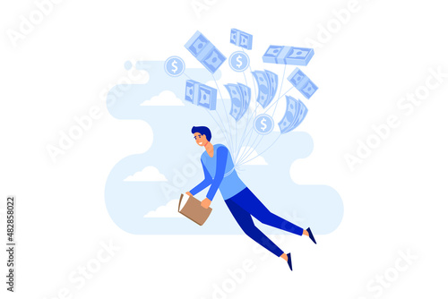 man to money floating in the sky.businessman flying with dollar signs. man read books.Businessman gliding in the sky with dollars. modern flat vector  design illustration.