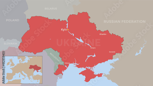 Ukraine Map and Borders  Editable EPS Vector Illustration. High Detailed Political Map of Ukraine and Neighboring Countries with Names. Geopolitics and Cartographic Template Concept.