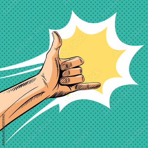 Shaka sign gesture comic book pop art, vector illustration