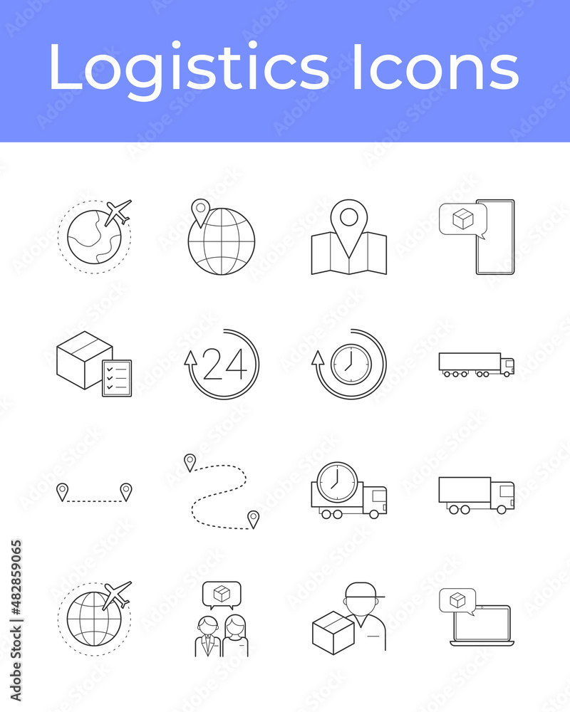 Collections of icons representing logistics, shipping, customer service. Line icons, vector. Collections of icons representing logistics, shipping, customer service. Line icons, vector.