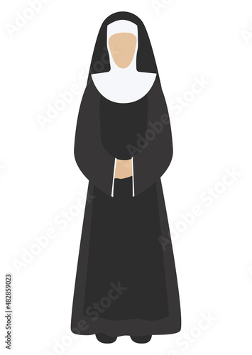 Nun in black Flat style. Vector illustration. Isolated on a white background