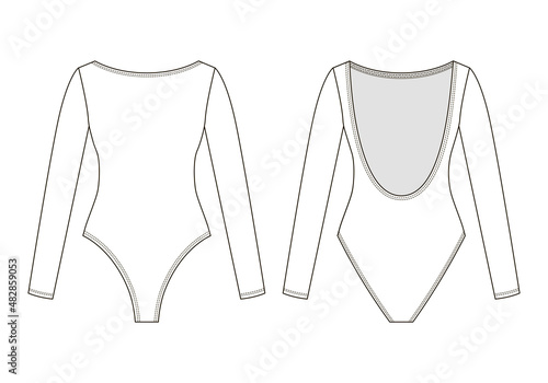 Fashion technical drawing of jersey bodysuit with long sleeves and open back