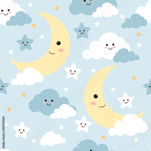 Fototapeta Cute pattern moon cloud stars blue baby boy