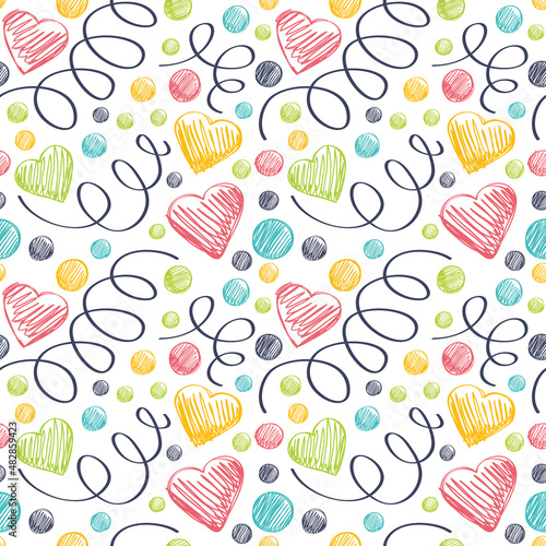 Seamless pattern with hearts and serpentine. Children's style.