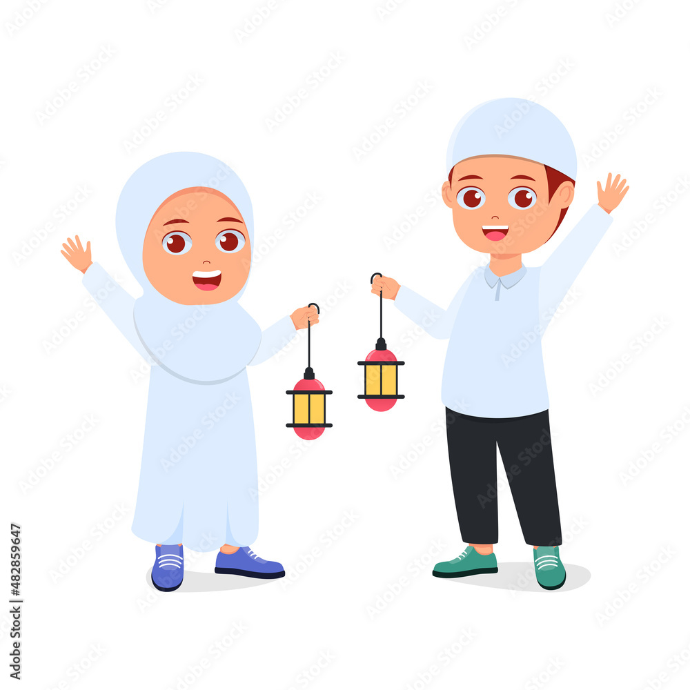 Cute girl and boy holding lamp while waving Cute girl and boy holding lamp while waving