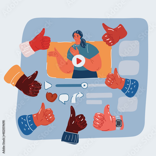 Vector illustration of like thumbs up, woman video blogger.