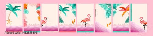 Summer tropical background with pink sand, beach frame design collection for social media stories or poster, card.