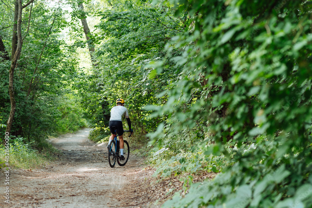 Fototapeta premium Cyclist in sportswear walks on a forest path on a bicycle, rear view.