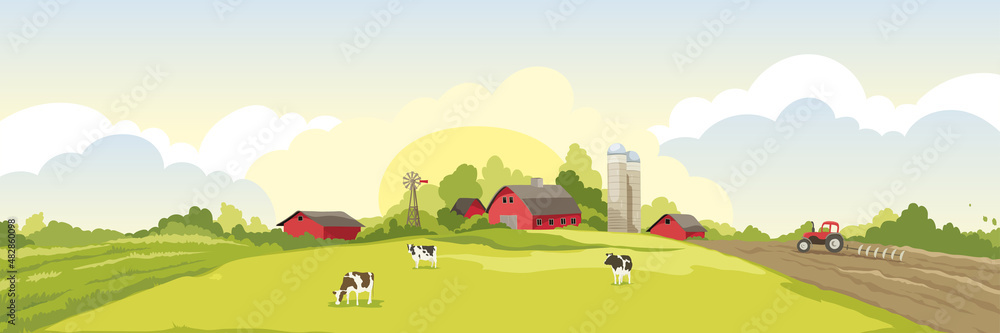 Spring rural landscape. Watercolor illustration, tractor plows a field, cows graze in the meadows.