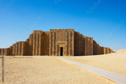 Entrance gate to the the Saqqara necropolis, archaeological and historical site on the south of Cairo, Egypt, Africa. Built by the architect Imhotep for the burial of Pharaoh Djoser circa 2650 BC.