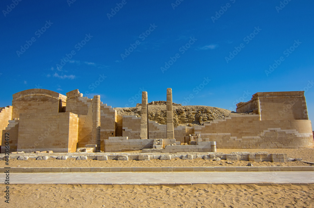 The ruins of Heb-Seb Court (also known as Royal pavilion) as seen from the Great South Court at the Step Pyramid of Saqqara (Pyramid of Djoser), south of Cairo, Egypt, Africa.
