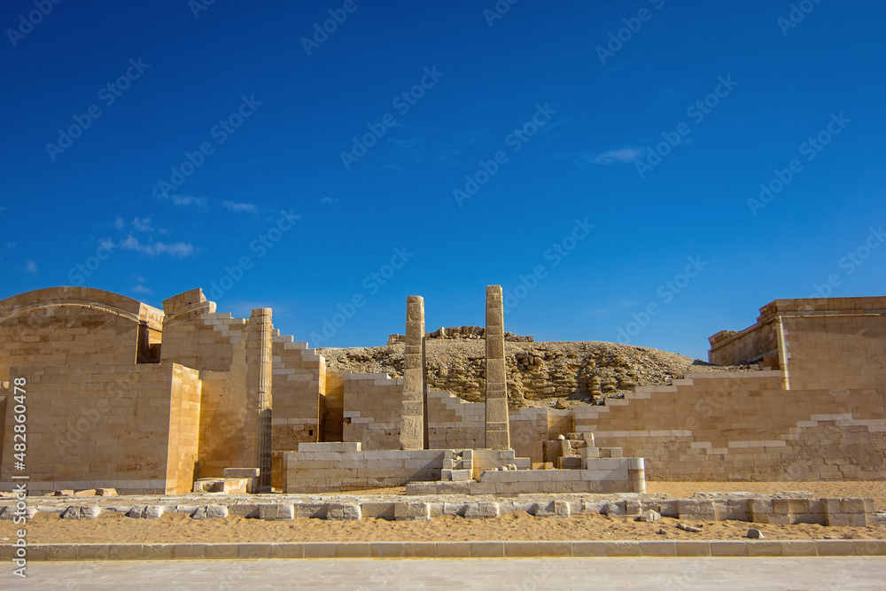 The ruins of Heb-Seb Court (also known as Royal pavilion) as seen from the Great South Court near the Pyramid of Djoser (Step Pyramid) of Saqqara, south of Cairo, Egypt, Africa.