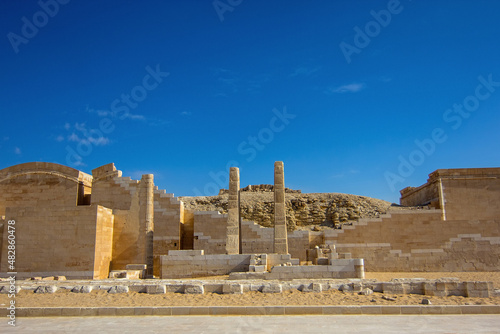 The ruins of Heb-Seb Court (also known as Royal pavilion) as seen from the Great South Court near the Pyramid of Djoser (Step Pyramid) of Saqqara, south of Cairo, Egypt, Africa.