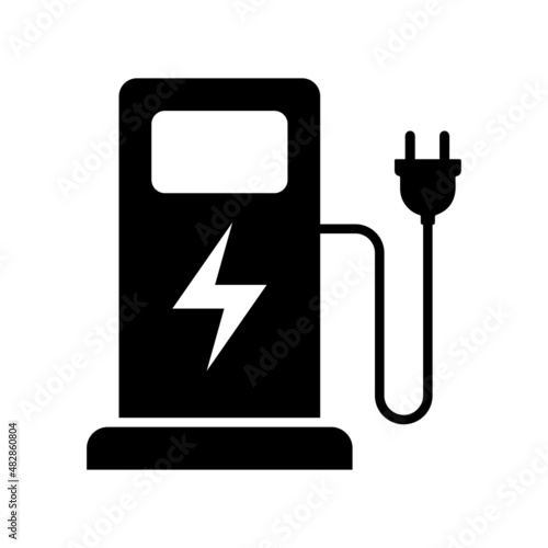 Electric fuel pump icon, Charging point station for hybrid vehicles cars square sign. © deny