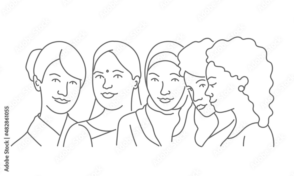 Five women of different nationalities and cultures standing together.