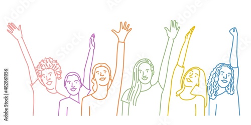 Happy girls with hands up.