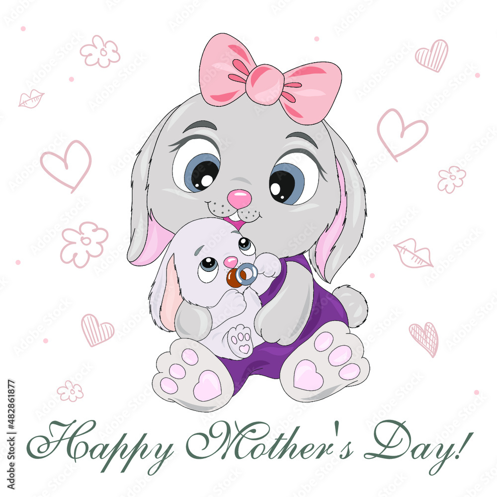 Vector print with little rabbit and mom. Outline drawing on a white background with delicate hearts and flowers. Cute print on children's clothes. cute bunnies - mom and kids Vector print with little rabbit and mom. Outline drawing on a white background with delicate hearts and flowers. Cute print on children's clothes. cute bunnies - mom and kids