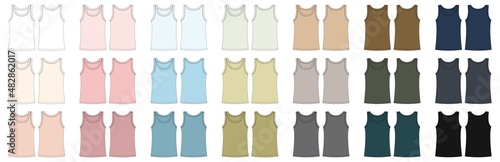 Set of sleeveless tank top technical sketch. Children girl outline t shirt underwear collection