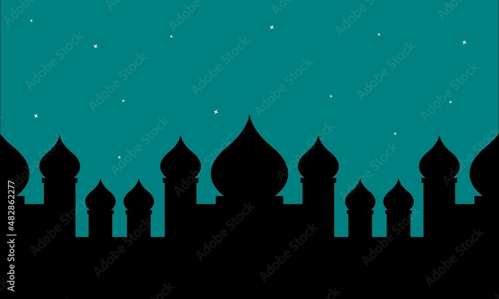 detailed illustration of blue religious background with mosque and starry sky.