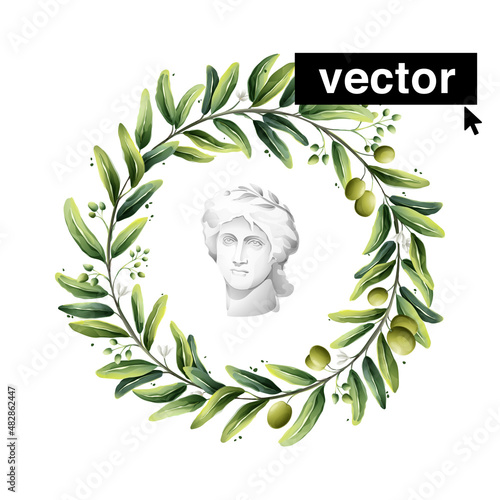 Vector olive wreath watercolor style illustration with antique Greek god statue.